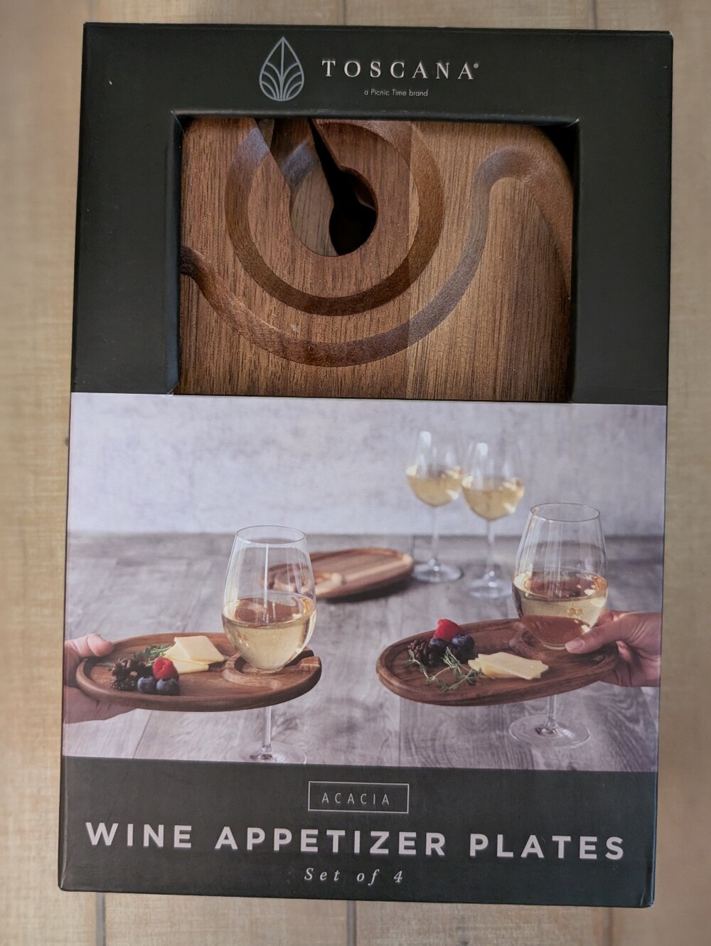 NIP! Set Of 4 Toscana Acacia Wood Wine Appetizer Plates
